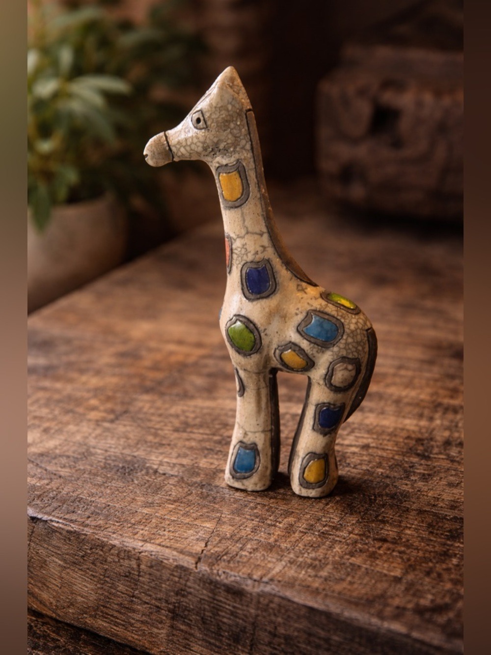 VINTAGE Kintsugi Fenix Raku Colourful Giraffe Art Clay Sculpture Pottery 9in
